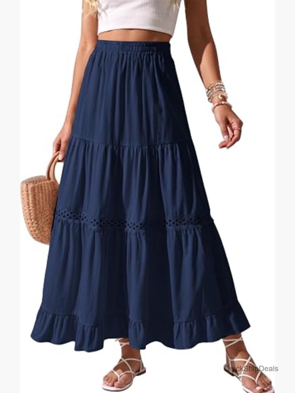 Boho Cotton Lace Crochet Maxi Skirt Flowy A-Line High Waisted Beach Vacation